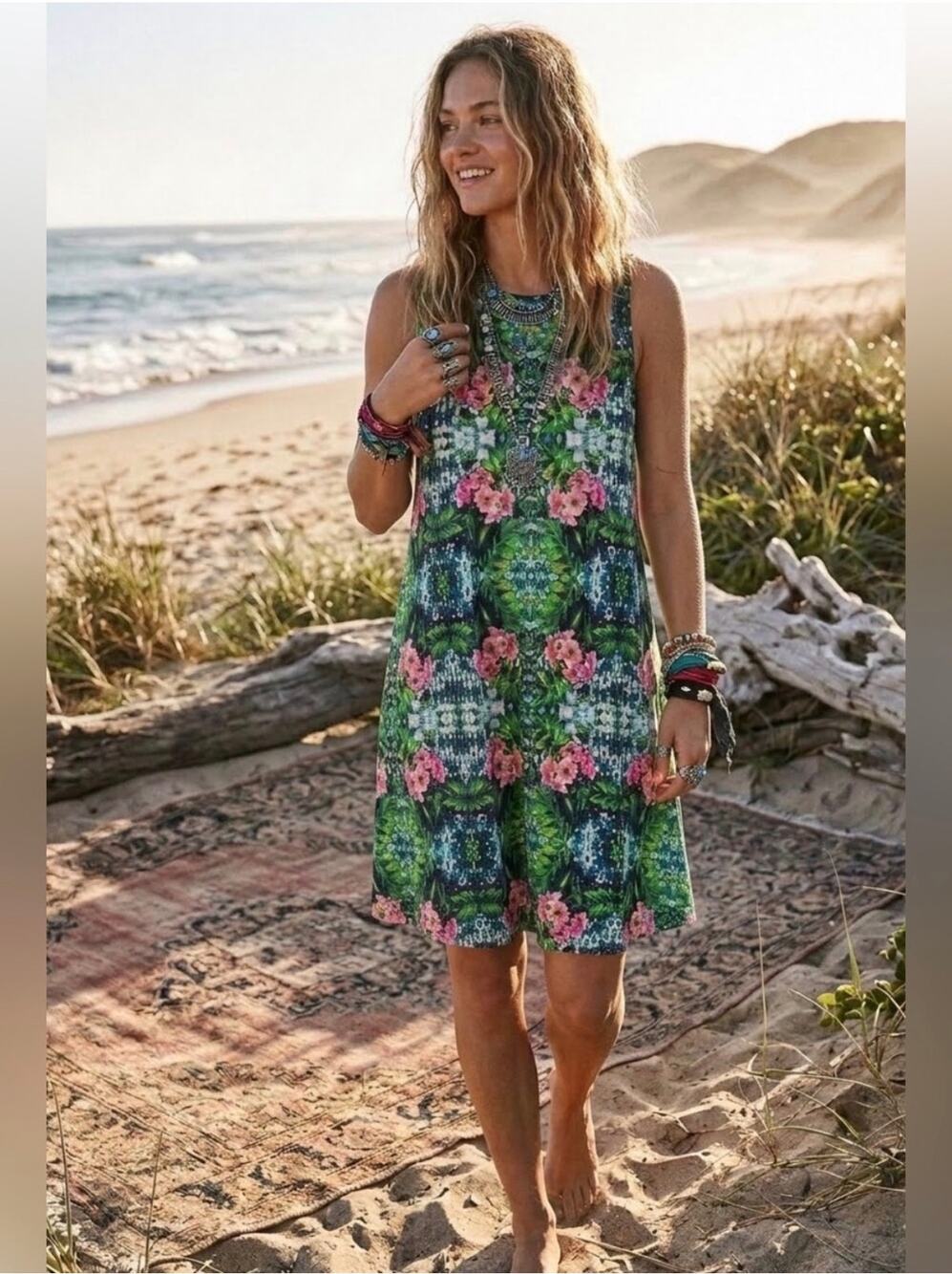 Honey & Lace Tropical Kaleidoscope Tank Dress with Pockets Pink Green Medium